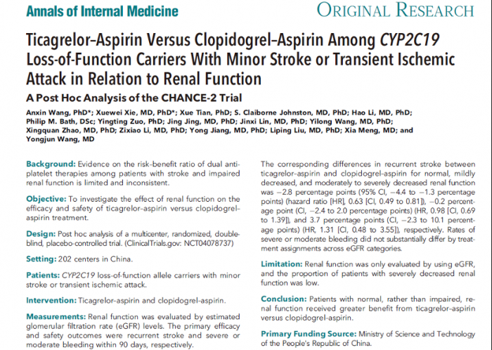 《Annals of Internal Medicine》bb。b。b欧美肾功能对急性缺血性脑血管病患者不同双抗治疗策略的疗效与安全性影响